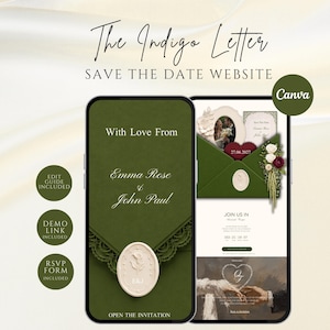 May include: A digital save the date website template titled The Indigo Letter, displayed on two smartphones. The design features a deep olive green envelope with a cream wax seal, floral accents, and text including Emma Rose and John Paul.