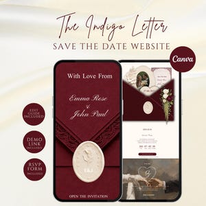 Puede incluir: Dos teléfonos inteligentes muestran un sitio web de bodas titulado The Indigo Letter. Las pantallas presentan sobres de color burdeos oscuro con sellos de cera crema, detalles florales y el texto With Love From Emma Rose & John Paul.