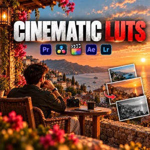 May include: A digital product advertisement titled CINEMATIC LUTS featuring software icons for Pr, DaVinci Resolve, Final Cut, Ae, and Lr. The background shows a sunset over a coastal town with three sample photo edits displayed on the right side.