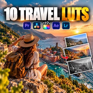 Puede incluir: Un gráfico de producto digital titulado 10 TRAVEL LUTS con iconos de software para Pr, DaVinci Resolve, Final Cut, Ae y Lr. La imagen muestra a una persona con sombrero de paja y mochila mirando una ciudad costera, con tres ejemplos de edición.