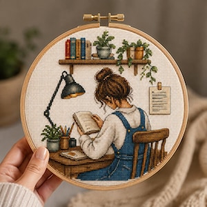 Peut inclure: Un tambour à broder circulaire en bois contenant un motif au point de croix représentant une personne aux cheveux bruns en chignon portant une salopette bleue, assise à un bureau et lisant un livre. On y voit une lampe, des plantes et des livres.