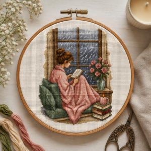 May include: A cross-stitch embroidery in a wooden hoop depicting a person with brown hair in a pink robe reading a book by a window during a rainstorm. The scene includes a stack of books, a pink mug with a candle, and a vase of pink flowers.