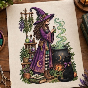 May include: A cross-stitch pattern on beige fabric depicting a figure in a purple witch hat and robe holding a small bottle. A black cat sits by a steaming cauldron, with shelves of potion bottles, hanging herbs, and books surrounding them.