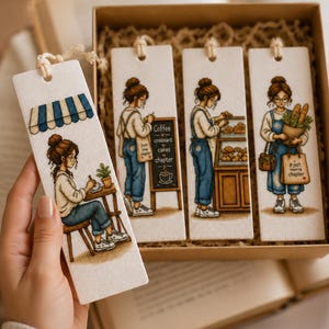 Peut inclure: Quatre marque-pages rectangulaires avec des illustrations style point de croix représentant une personne avec un chignon. Un marque-page montre une personne à une table de café, les autres avec un menu, au comptoir d'une boulangerie et portant du pain.
