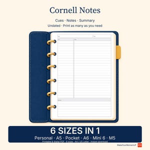 Op de afbeelding: Een Cornell-notitiepagina met secties voor cues, notities en samenvatting. De lay-out is ongedateerd en heeft een donkerblauwe schijfgebonden omslag met gele ringen. Tekst: Cornell Notes, Cues, Notes, Summary, Undated, Print as many as you need, 6 SIZES IN 1, Personal, A5, Pocket, A6, Mini 6, M5, Printable & digital PDF, 6 sizes, A4, US Letter, Instant download, MakeYourMomentJP.