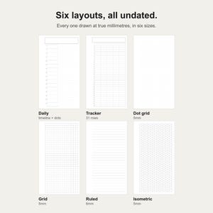 Puede incluir: Seis diseños de planificador sin fecha en seis tamaños, con líneas negras sobre papel blanco. Los diseños incluyen una línea de tiempo diaria con puntos, un rastreador de 31 filas, una cuadrícula de puntos de 5mm, una cuadrícula de 5mm, líneas de 6mm y una cuadrícula isométrica de 5mm.
