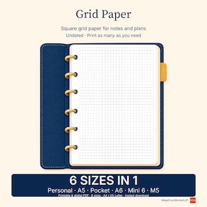 Op de afbeelding: Een blauw notitieboek met discs en wit ruitjespapier. De tekst luidt: Grid Paper, Square grid paper for notes and plans, Undated, Print as many as you need, 6 SIZES IN 1, Personal, A5, Pocket, A6, Mini 6, M5, Printable & digital PDF, 6 sizes, A4, US Letter, Instant download, MakeYourMomentJP.