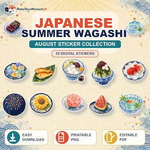 Puede incluir: Una colección de pegatinas digitales titulada JAPANESE SUMMER WAGASHI AUGUST STICKER COLLECTION 35 DIGITAL STICKERS con ilustraciones de dulces tradicionales japoneses, incluyendo hielo raspado, gelatina de pez dorado, sandía y motivos florales.