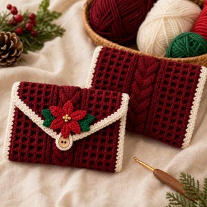 Könnte beinhalten: Zwei dunkelrote Häkeltaschen mit Waffelmuster und cremefarbenem Rand. Eine Tasche ist mit einer roten und grünen Weihnachtsstern-Applikation sowie einem Holzknopfverschluss versehen. Die Textur entspricht der von handgefertigtem Garn.