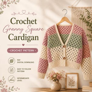Crochet Granny Square Cardigan Pattern PDF, Chunky Crochet Sweater Tutorial, Cozy Patchwork Cardigan, Boho Crochet Jacket Pattern