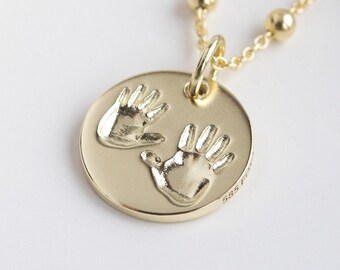 Echter 3D Handabdruck und Fußabdruck als Gold Anhänger, Luxus Baby Geschenk, personalisiert, Zwillinge, Geschenk zur Geburt, Mama Schmuck