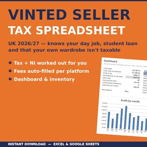 Vinted Seller Tax Spreadsheet UK 2026/27 | Bookkeeping & Self Assessment Tracker for Vinted eBay Depop Resellers | Side Hustle Income Excel