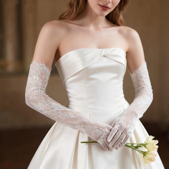 Long Lace Tulle Bridal Gloves, Sheer Wedding Gloves for Bride, Wedding Dress Accessories, Bridal Gown, Ceremony & Photoshoot