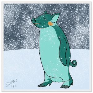 May include: A digital illustration of a hybrid creature with the head of a pig and the body of a penguin, featuring teal and light green coloring, a small orange cheek patch, and a curly tail, standing in a snowy landscape with the text JAKPAT /24.