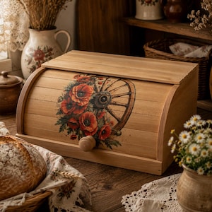 Puede incluir: Una panera de madera de color marrón claro con tapa enrollable que presenta un gráfico impreso de una rueda de carro de madera rodeada de amapolas rojas. La panera tiene un pequeño pomo redondo de madera en el panel frontal para abrirla.
