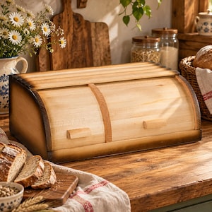 Könnte beinhalten: Ein rechteckiger Brotkasten aus Holz mit einem gewölbten, schiebbaren Rolldeckel, der zwei kleine horizontale Griffe aufweist. Der Kasten besteht aus hellem Holz mit dunklen, versengten Kanten an der Basis und am oberen Rahmen.