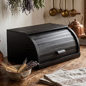 Handmade Black Wooden Bread Box, Beech Bread Bin, Modern Kitchen
