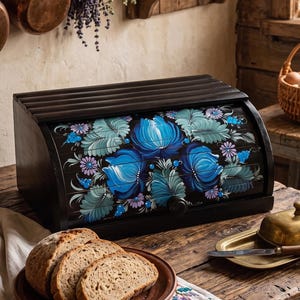 Handmade Wooden Floral Bread Box, Blue Flower Print