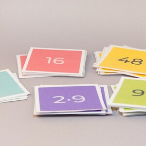 May include: A collection of square cards arranged in five stacks, each featuring a solid color background with a white border and a printed number. The cards display the numbers 8, 16, 48, 2.9, and 9.5 in black or white sans-serif font.