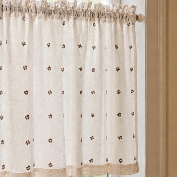 Brown Floral Cafe Curtains,Embroidered Linen Cotton Kitchen Curtain,Rod Pocket Short Window Curtain,Cottage Farmhouse Custom Size Drapes.