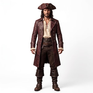 May include: A long dark brown leather coat worn over a cream-colored shirt with a lace-up front, dark trousers, and two leather belts. The outfit includes a matching dark brown tricorn hat and tall leather boots with folded cuffs at the top.