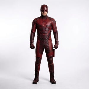 Può includere: Un costume tattico integrale color rosso scuro composto da una giacca aderente con emblema sul petto, pantaloni abbinati, guanti e una maschera con corna. L'abito presenta pannelli rinforzati su busto, braccia e gambe con dettagli in pelle.