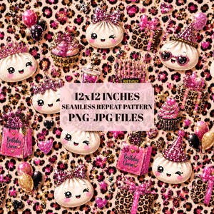 May include: A seamless repeat pattern featuring cute cartoon dumplings with faces, pink leopard print gift boxes, cupcakes, and shopping bags labelled Birthday Queen. The design includes pink and gold balloons, stars, and hearts on a leopard print background.