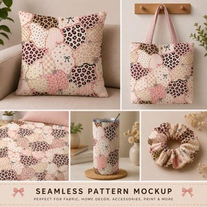 May include: A collection of items featuring a seamless pattern of pink and beige patchwork shapes, including leopard print, polka dots, stripes, and checkered designs, accented with small black bows, stars, and flowers on a pillow, tote bag, blanket, tumbler, and scrunchie.
