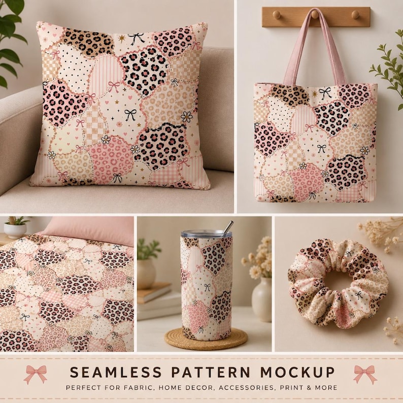 May include: A collection of items featuring a seamless pattern of pink and beige patchwork shapes, including leopard print, polka dots, stripes, and checkered designs, accented with small black bows, stars, and flowers on a pillow, tote bag, blanket, tumbler, and scrunchie.