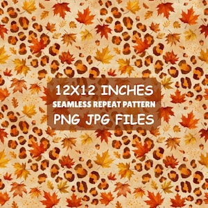 Motif léopard automnal sans couture (PNG/JPG), papier numérique feuille d'érable d'automne, imprimé guépard orange et marron, motif automne 30 x 30 cm