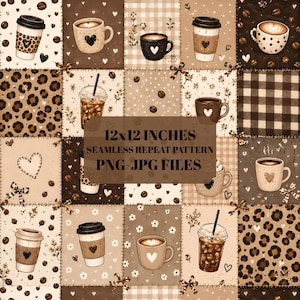 Puede incluir: Un patrón digital de repetición sin costuras con un diseño de patchwork de tazas de café, café helado, granos de café, estampado de leopardo y cuadros vichy. La imagen incluye el texto 12x12 INCHES SEAMLESS REPEAT PATTERN PNG-JPG FILES.