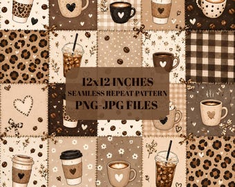 Coffee Patchwork Seamless Pattern PNG JPG | Leopard Print Coffee Cup Digital Paper | 12x12 Inches Seamless Repeat | Fall Fabric Print