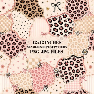May include: A seamless repeat pattern featuring a patchwork design of leopard prints, polka dots, stripes, and checkered squares in shades of pink, brown, and cream. The design includes small bows, flowers, and stars, with text reading 12x12 INCHES SEAMLESS REPEAT PATTERN PNG-JPG FILES.