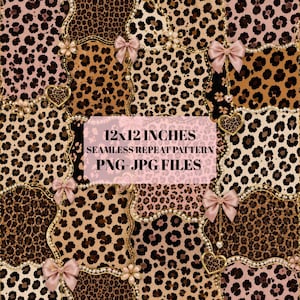 May include: A seamless repeat pattern featuring a patchwork of various leopard print textures in shades of brown, tan, and pink. The design is accented with gold chains, strings of white pearls, pink bows, and heart-shaped charms. Text reads 12x12 INCHES SEAMLESS REPEAT PATTERN PNG-JPG FILES.