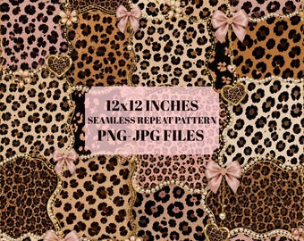Leopard Patchwork Seamless Pattern PNG & JPG | Coquette Bows, Gold Chains | 12x12 Inches Digital Paper