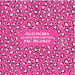 May include: A seamless repeat pattern featuring a bright pink background with black and light pink leopard spots and scattered glitter accents. The text 12x12 INCHES SEAMLESS REPEAT PATTERN PNG JPG FILES is centered in white over the design.