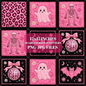 Op de afbeelding: Een digitaal naadloos herhalingspatroon met negen vierkante tegels in roze en zwart, waaronder luipaardprint, geesten, skeletten, discoballen met strikken en vleermuizen, met de tekst 12x12 INCHES SEAMLESS REPEAT PATTERN PNG-JPG FILES.