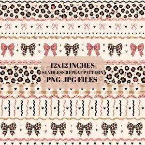 May include: A seamless repeat pattern featuring horizontal bands of leopard print, pink bows, and black hearts on a cream background. The text 12x12 INCHES SEAMLESS REPEAT PATTERN PNG-JPG FILES is centered over the design, which includes wavy lines.