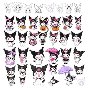Puede incluir: Una colección de pegatinas con el personaje Kuromi en varias poses y atuendos. Los diseños incluyen dibujos de líneas en blanco y negro, así como ilustraciones a todo color con acentos rosas, morados y naranjas, mostrando calabazas, paraguas y lazos.