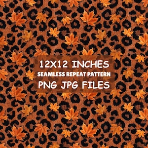 Autumn Leopard Knit Seamless Pattern PNG JPG, Orange Maple Leaf Fall Print, Cozy Sweater Animal Print, 12x12 Digital Paper