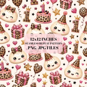May include: A seamless repeat pattern featuring cartoon dumplings with leopard print bows, pink leopard print birthday cakes with candles, leopard print gift boxes, gold stars, pink hearts, and the number one in leopard print. Text reads 12x12 INCHES SEAMLESS REPEAT PATTERN PNG-JPG FILES.