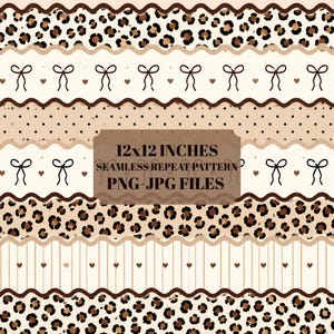 May include: A seamless repeat pattern featuring horizontal bands of leopard print, polka dots, vertical stripes, and rows of small bows and hearts in shades of brown, tan, and cream. The text 12x12 INCHES SEAMLESS REPEAT PATTERN PNG-JPG FILES is centered.