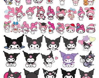 Könnte beinhalten: Eine Sammlung von Aufklebern mit My Melody, einem weißen Kaninchen mit rosa Kapuzen, und Kuromi, einem schwarz-violetten Kaninchen mit einem rosa Totenkopf-Emblem. Die Figuren sind in verschiedenen Posen, Outfits und saisonalen Themen dargestellt.
