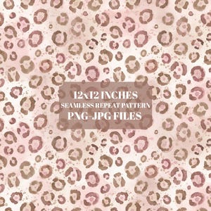 May include: A seamless repeat pattern featuring a watercolour leopard print in shades of soft pink, dusty rose, and brown. A central rectangular overlay displays the white text: 12x12 INCHES SEAMLESS REPEAT PATTERN PNG-JPG FILES.