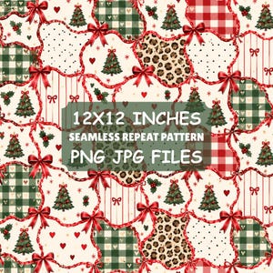 May include: A seamless digital pattern featuring a patchwork design of Christmas trees, red and green buffalo plaid, leopard print, and polka dots, connected by red ribbons and bows. Text reads 12X12 INCHES SEAMLESS REPEAT PATTERN PNG JPG FILES.