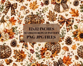 Fall Leopard Pumpkin Seamless Pattern PNG JPG | Autumn Pumpkins, Plaid Bows, Sunflowers & Leaves Digital Paper | 12 x 12 Inch Repeat