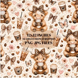 May include: A seamless repeat pattern featuring illustrations of fluffy highland cows wearing leopard print bows, holding coffee cups, interspersed with butterflies, coffee beans, flowers, and hearts. Text reads 12x12 INCHES SEAMLESS REPEAT PATTERN PNG-JPG FILES.