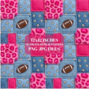May include: A seamless repeat pattern featuring a patchwork design of pink leopard print, light blue denim with white soccer balls, and light blue denim with brown footballs. The text 12x12 INCHES SEAMLESS REPEAT PATTERN PNG-JPG FILES is centered.
