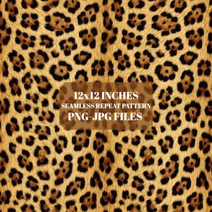 Pode incluir: Um padrão de leopardo sem costuras com manchas castanhas escuras e pretas sobre um fundo dourado. A imagem inclui o texto 12x12 INCHES SEAMLESS REPEAT PATTERN PNG-JPG FILES centrado numa caixa castanha sobre o design de animal print.