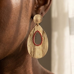 Textured Gold Teardrop Earrings | Red Crystal Pave Statement Drop Earrings | Vintage Estate Teardrop Dangle Earrings